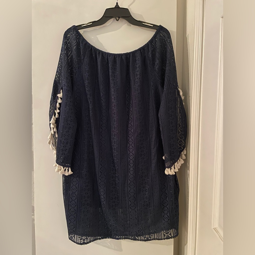 KORI America Pool Beach Swim Coverup Top Tunic Navy Lace Bell Tassel Sleeves